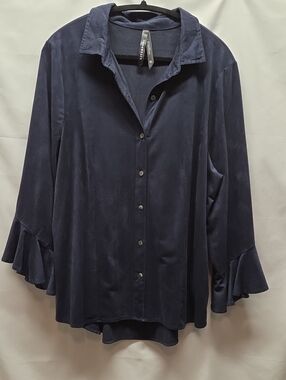 Liverpool Navy Button-Down Blouse with Flared Ruffle Sleeves Feminine Princess